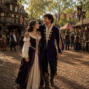 May include: A person wearing a deep purple velvet gown with cream-colored long sleeves and a lace-up bodice, standing beside a person in a dark purple velvet doublet with gold-toned accents, cream-colored shirt, and black trousers in a village setting.