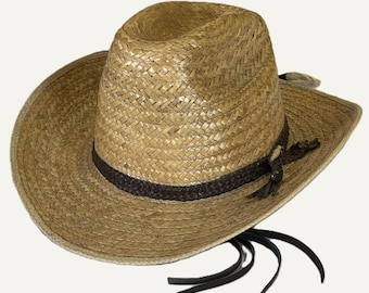 Sombrero vaquero de palma Segovia Casa Chavez, México, talla 7. Banda de cuero tejida a mano.