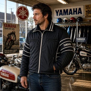 May include: A black zip-up jacket featuring white stripes on the collar and sleeves, with the word Yamaha printed in white on the left sleeve. The jacket has a high collar, long sleeves, and two zippered pockets on the chest area, worn with blue jeans.