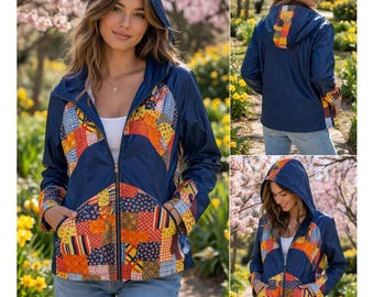 Chaqueta con capucha estilo patchwork vintage de c. 1990, hecha en Japón, de algodón y nailon, estilo bohemio, tallas S a M.
