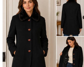 Abrigo vintage de los 80 de Albert Nippon, fabricado en EE. UU., de lana negra con cuello de piel sintética, talla M para mujer.