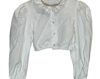 Blusa vintage alemana tipo dirndl con cuello de encaje blanco y mangas abullonadas cortas para niñas, tallas 122 y 6X