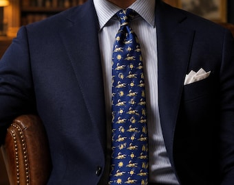 Corbata vintage de seda Salvatore Ferragamo con estampado de caballo, sol y guisante, color azul, fabricada en Italia, 58,5 x 3,75 cm.