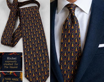 Richel, hecha a mano en España, corbata de seda para caballo, estilo ecuestre, azul marino, dorado y rojo vintage.