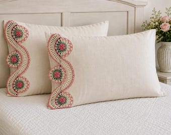 Juego de 2 fundas de almohada Queen de mezcla de lino, hechas a mano con ganchillo estilo vintage y diseño de rosas.