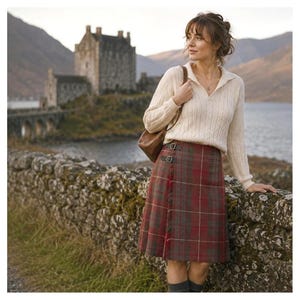 Falda escocesa de lana con estampado de tartán Vintage Rally Klad Scotland para mujer, talla 8, roja y verde.