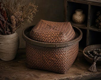 Cesta vintage de ratán tejido con tapa – Decoración rústica bohemia