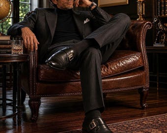 Zapatos vintage Salvatore Ferragamo Monk Strap para hombre, talla 9B, de piel negra con puntera reforzada, fabricados en Italia.