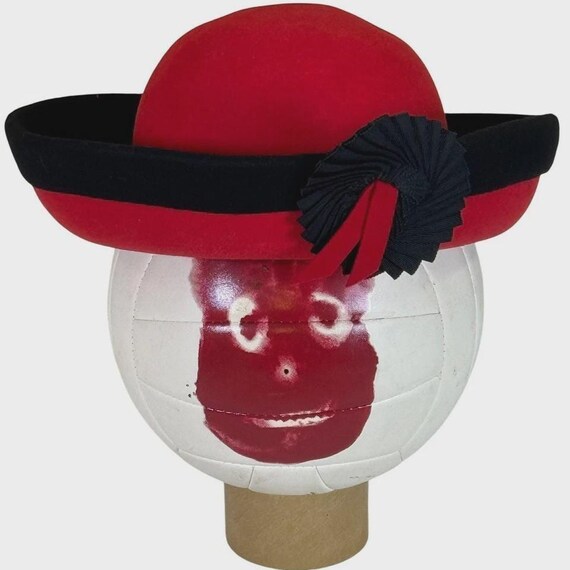 Adolfo Red Wool Felt Hat Black Rolled Brim Rosette Accent  display picture 2