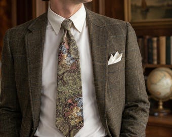 Bill Blass For The Bon Marche Silk Tie Paisley Floral Tapestry Olive Green