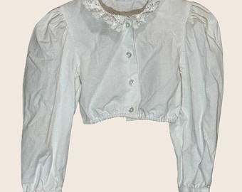 Blusa vintage alemana tipo dirndl con cuello de encaje blanco y mangas abullonadas cortas para niñas, tallas 122 y 6X