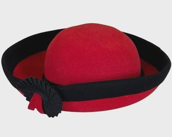 Adolfo Red Wool Felt Hat Black Rolled Brim Rosette Accent Mid 80s Vintage