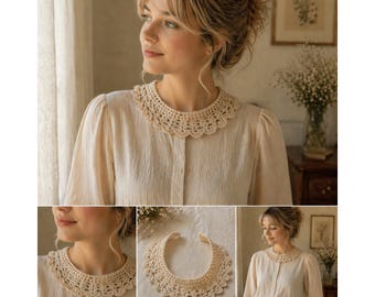 Cuello de encaje de ganchillo vintage color marfil, cuello desmontable estilo cottagecore Peter Pan