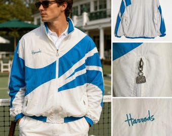 Chaqueta cortavientos vintage de los 90 del Harrods Tennis Club, blanca y azul, con cremallera completa, talla L para hombre.