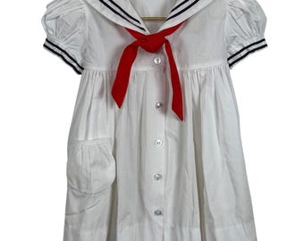 Vestido marinero vintage para niña de Jayne Copeland, talla 4, blanco, con lazo rojo y mangas abullonadas.
