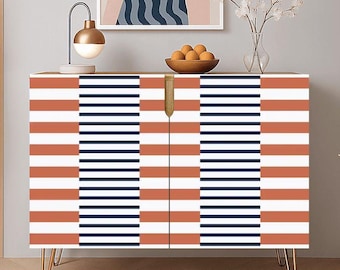 Credenza Cabinet | Terracotta Red Navy Retro Stripe Sideboard | Wooden Storage Unit Console