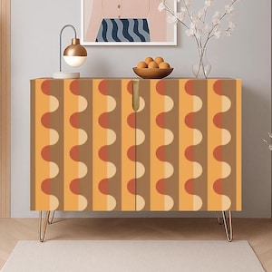 Credenza Cabinet | Mustard Burnt Red MCM Retro Stripe Sideboard | Wooden Storage Unit Console