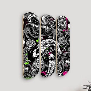 3 Panels Wood Skateboard Prints Wall Art * Ships from USA * Japanese Tattoo Irezumi Art Koi Serpent Roses Print * Original Artwork * Large