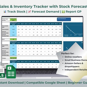 Puede incluir: Un portátil que muestra una hoja de cálculo de seguimiento de ventas e inventario. La pantalla muestra tablas de datos para el seguimiento de existencias, la previsión de la demanda y la presentación de informes de beneficios brutos. El texto incluye "Track Stock" y "Forecast Demand."