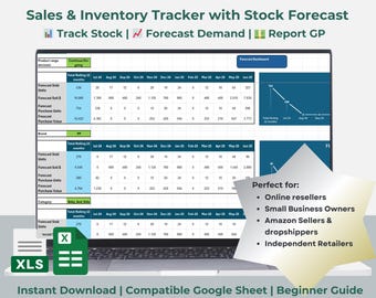 May include: A laptop displaying a sales and inventory tracker spreadsheet. The screen shows data tables with columns for tracking stock, forecasting demand, and reporting gross profit. Text on the screen includes "Track Stock" and "Forecast Demand."