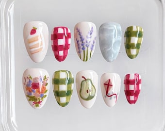 Hand-Painted Cottagecore Picnic Press On Nails | Gingham, Fruit, Floral & Cake Nail Art | Summer Picnic Vibe Nail Set