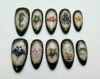 Handmade Deep Sea Press On Nails | Octopus, Jellyfish, Shark & Turtle Gold Filigree | Almond Nails for Whimsical Ocean Aesthetic