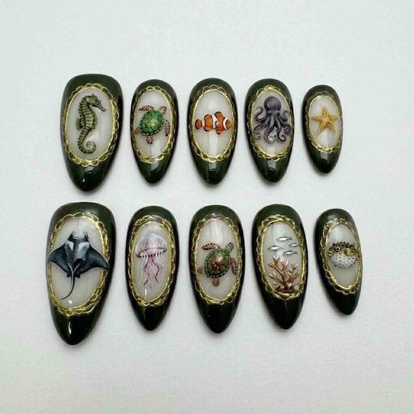 Handmade Deep Sea Press On Nails | Octopus, Jellyfish, Shark & Turtle Gold Filigree | Almond Nails for Whimsical Ocean Aesthetic