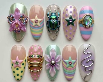 Handmade Pastel Beetle Press On Nails | 3D Purple Flowers, Green Scarab, Stars & Stripes | Almond Nails for Whimsical Vibe