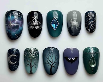Handmade Gothic Night Press On Nails | Moon, Wolf, Bat, Moth & Forest Galaxy Designs | Short Oval Nails Mystic Dark Vibe