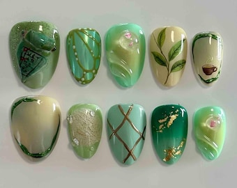 Handmade Matcha Garden Press On Nails | Leaf Art, Tea Cup, Soft Green Gel & Gold Accents | Almond Nails for Calm Natural Vibes