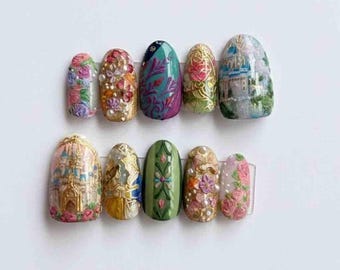 Handmade Royal Floral Press On Nails | 3D Gold Embellishments, Castle, Flower Designs | Oval Nails for Elegant & Fairytale Vibes