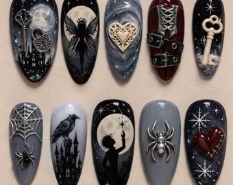 Gothic-Mitternachtsschloss-Press-On-Nägel, Silberne Spinne, Mondlichtrabe-Nägel, Barockschlüssel & Herz, Gothic Handgefertigtes dunkles Nagelset