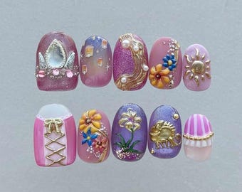 Handmade Tangled Fairytale Press On Nails | Lanterns, Sun Emblem, Flowers & Corset Art | Short Square Nails For Magical Princess Vibes