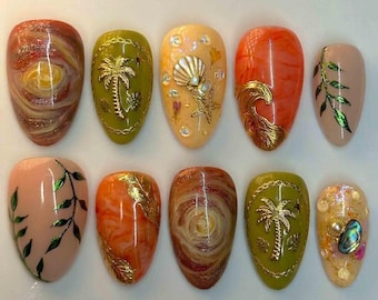 Handmade Summer Beach Press On Nails | Gold Palm Trees, Seashells, Starfish & Waves | Almond Nails for Tropical Vacation Vibe