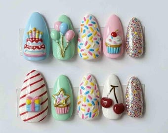 Handmade Birthday Party Press On Nails | Cake, Balloons, Cupcake, Sprinkles & Cherries Design | Almond Nails For Fun Festive Vibes