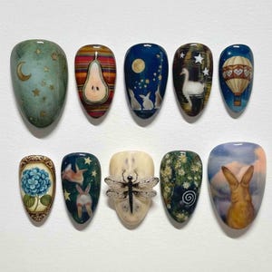 Handmade Dreamy Night Press On Nails | Moon, Stars, Balloon, Rabbit, Dragonfly & Floral Art | Almond Nails For Whimsical Vibe