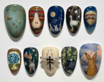 Handmade Dreamy Night Press On Nails | Moon, Stars, Balloon, Rabbit, Dragonfly & Floral Art | Almond Nails For Whimsical Vibe