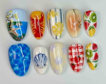 Handmade Summer Vacation Press On Nails | Beach, Citrus, Shell, Crab & Fruit Art | Almond Nails for Bright Tropical Vibes