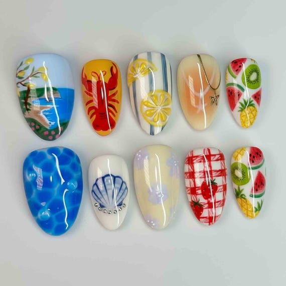 Handmade Summer Vacation Press On Nails | Beach, Citrus, Shell, Crab & Fruit Art | Almond Nails for Bright Tropical Vibes