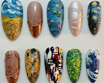 Handmade Artistic Press On Nails | Starry Night, Monet Water Lilies, Klimt Kiss & Hokusai Wave Designs | Almond Nails Art Vibe