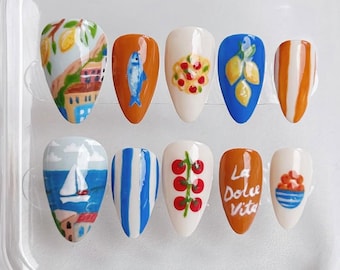 Uñas italianas de verano / Uñas pintadas a mano con cítricos y cuadros vichy / Set de manicura en gel inspirado en un picnic mediterráneo
