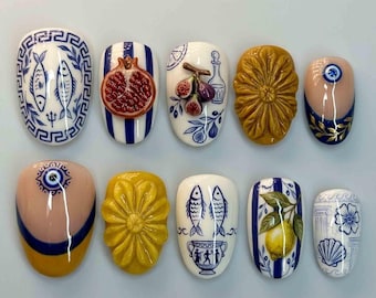 Handmade Mediterranean Ceramic Press On Nails | Evil Eye, Pomegranate, Figs & Pottery Art | Short Round Nails for Grecian Chic Vibe