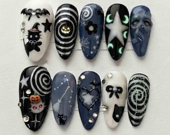Handmade Spooky Halloween Press On Nails | 3D Ghost, Cat, Pumpkin, Bat & Swirl Art | Almond Nails for Goth Vibe