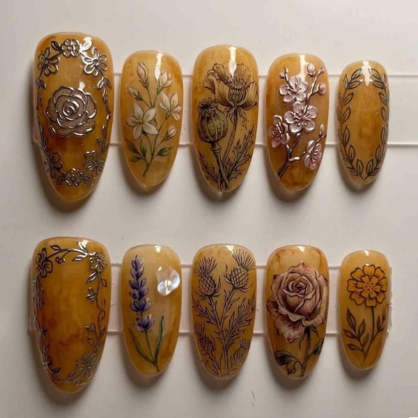 Handmade Amber Honey Press On Nails | Vintage Botanical Flower Nail Art | Almond Nails for Elegant Cottagecore Nails