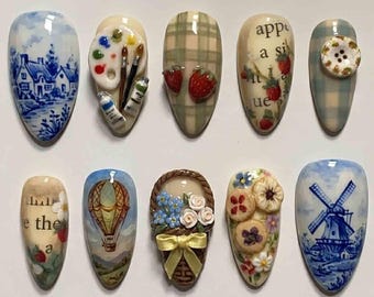 Handmade Cottagecore Artist Press On Nails | 3D Flower Basket, Paint Palette, Windmill & Plaid | Almond Nails for Vintage Vibe