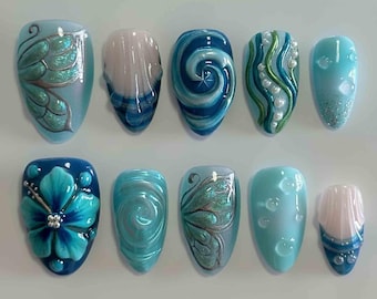 Handmade Ocean Blue Press On Nails | 3D Wave Swirls, Pearl Accents & Floral Details | Almond Nails for Sea-Inspired Vibes