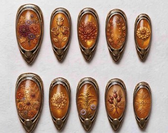 Bronze Frame Press On Nails, Amber Floral & Chrysanthemum Locket Nails, Vintage Gold Brooch Autumn Handmade Nail Set