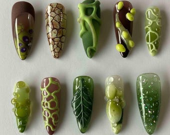 Handmade Organic Nature Press On Nails | 3D Moss, Leaf & Textured Gel Art | Stiletto Nails for Earthy Botanical Vibes