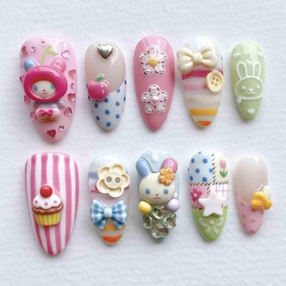 Handmade Kawaii Pastel Press On Nails | Cute Bunnies, Flowers, Cupcake & Patchwork Art | Almond Nails For Sweet Playful Vibes