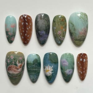Handmade Forest Deer Press On Nails, 3D Nature Landscape Nail Art, Woodland Animal & Flower Nails, Scenic Green Fake Nails